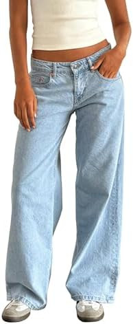 Women Y2k Low Rise Baggy Jeans Loose Fit Boyfriend Straight Wide Leg Jeans Trendy Stretch Long De... | Amazon (US)