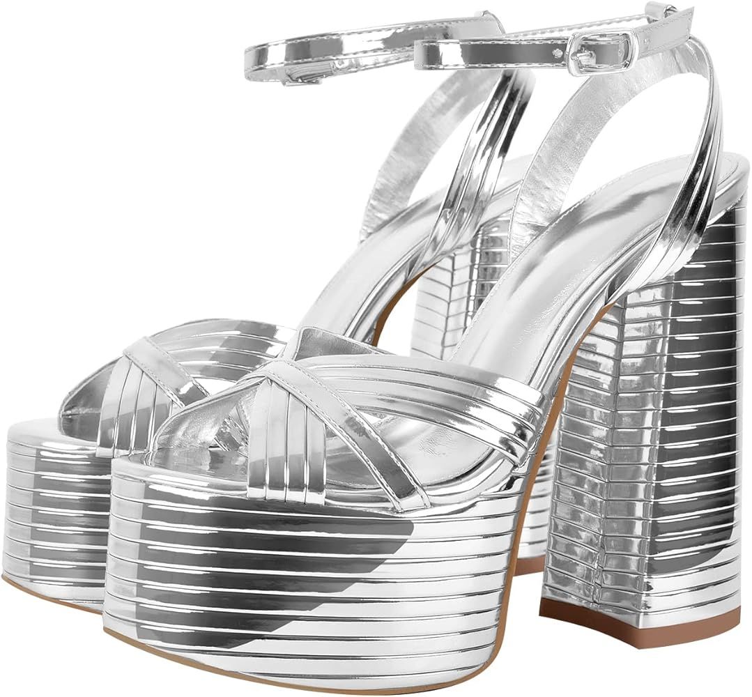 onlymaker Women's Platform Chunky Heel Sandals Peep Toe Ankle Strap Buckle Platform Metallic Wedd... | Amazon (US)