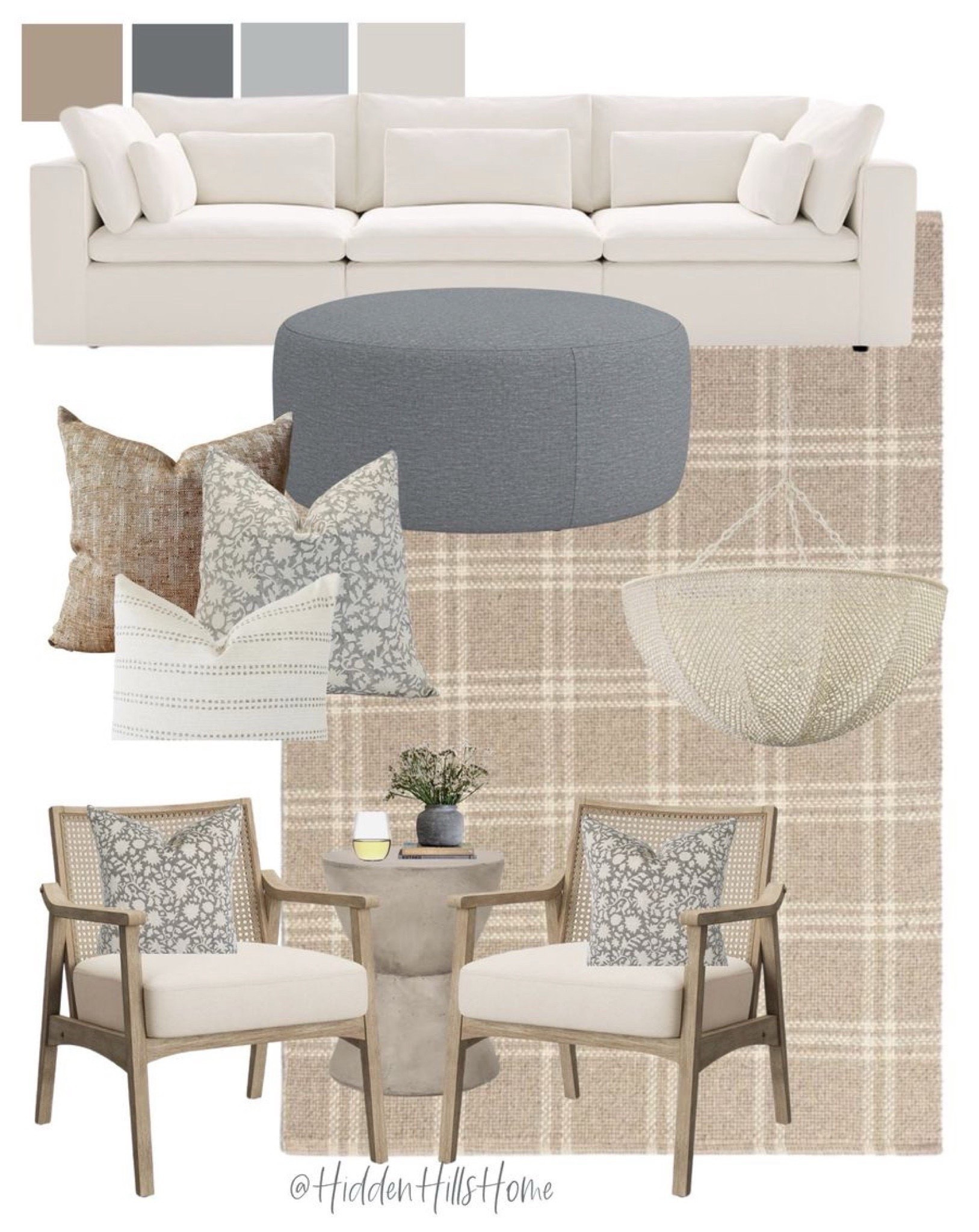 Living room mood board, modern-transitional living room design, family room mood board, sofa, rug, ottoman, #livingroom