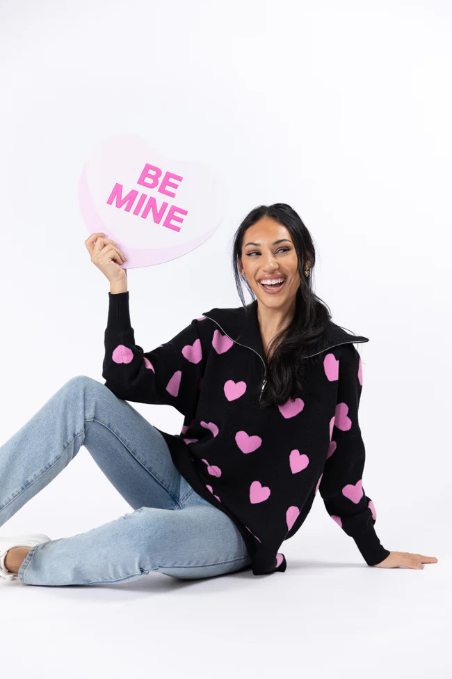 Pulling Heartstrings Black and Pink Heart Print Quarter Zip Pullover - Coming Soon | Pink Lily