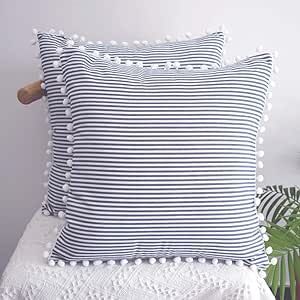 HOPLEE Decorative Pillow Covers 16x16 Farmhouse Stripe Pillows Covers Navy Blue Pillow Covers wit... | Amazon (US)