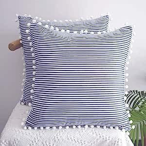 HOPLEE Decorative Pillow Covers 16x16 Farmhouse Stripe Pillows Covers Navy Blue Pillow Covers wit... | Amazon (US)