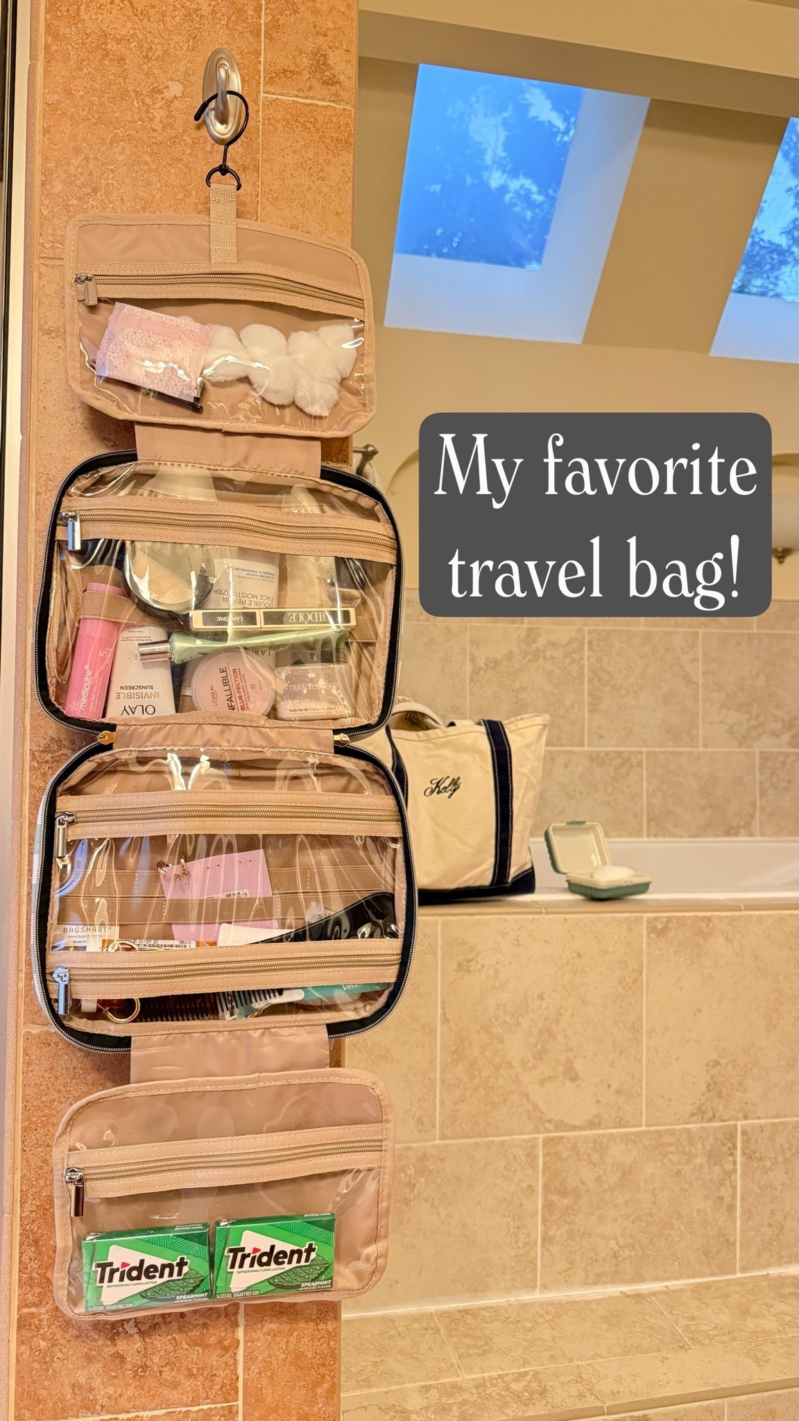 No counter space? No problem!! 

This toiletry bag fits SO much from my everyday routine, keeps me organized, and hangs easily to save counter space while traveling. Absolute must-have!