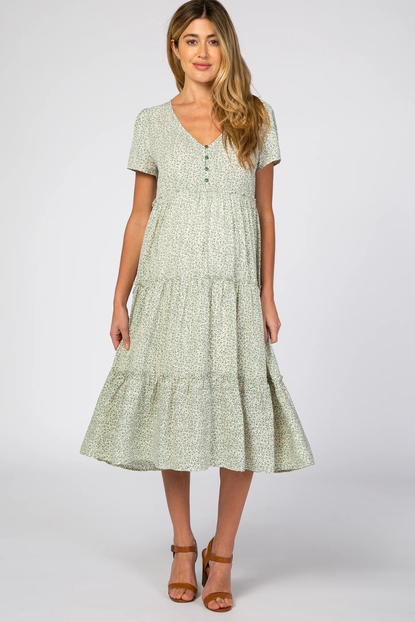 Light Olive Floral Chiffon Ruffle Hem Maternity Midi Dress | PinkBlush Maternity