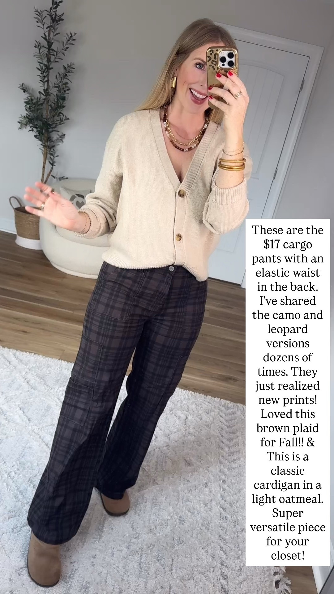Tan cardigan and plaid cargo pants from Walmart

#LTKootd
