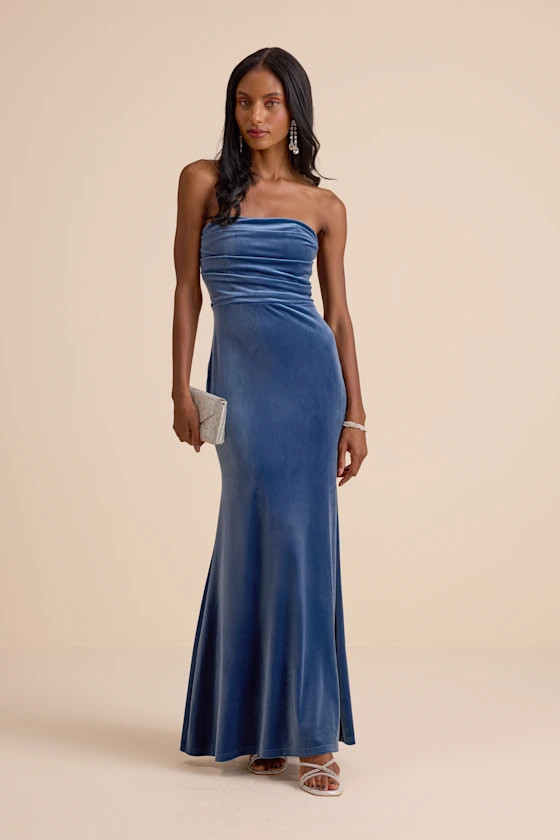 Maren Slate Blue Velvet Strapless Mermaid Maxi Dress | Lulus