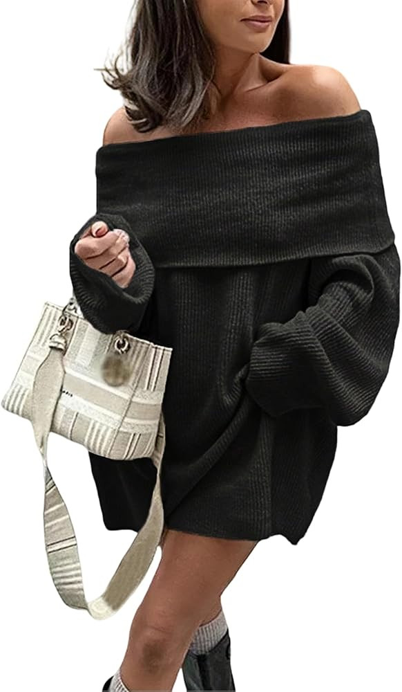SISKIN Off The Shoulder Sweater Dress Women Slouchy Long Sleeve Fall Mini Knitwear | Amazon (US)