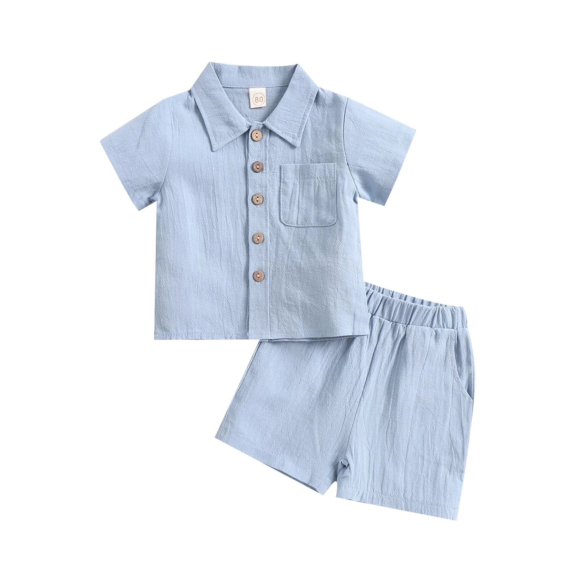 wybzd Baby Boys Cotton Linen Clothes Set Solid Color Lapel Short Sleeve Single-Breasted Tops Shor... | Walmart (US)