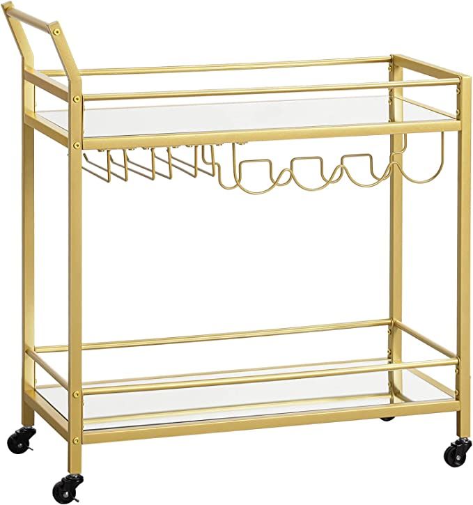 HOOBRO Bar Cart Gold, Bar Serving Cart, with 2 Mirrored Storage Shelves, Wine Cart with Bottle an... | Amazon (US)