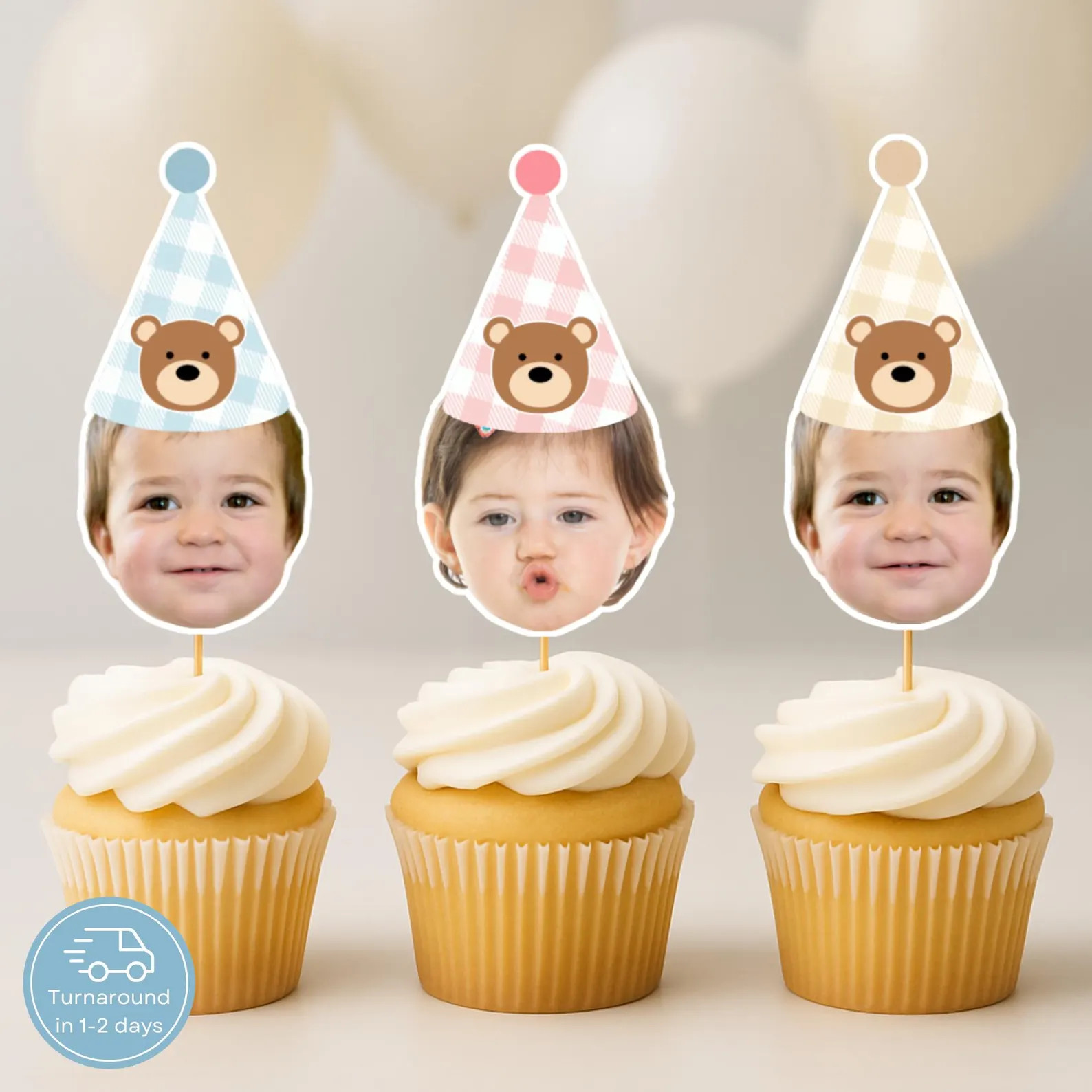 Bear Hat Cupcake Toppers With Photo Beary First Birthday Decorations Personalized Bear Theme Part... | Etsy (US)