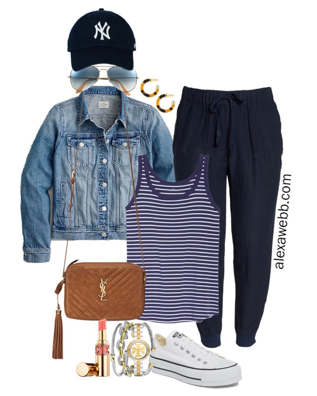 Plus Size Navy Linen Joggers with a baseball cap, navy stripe tank top, denim jacket, platform Converse sneakers, and Crossbody Bag - Alexa Webb

#LTKSeasonal #LTKPlusSize #LTKStyleTip