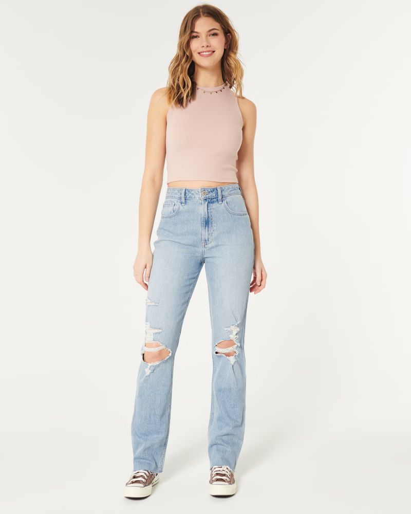 Ultra High-Rise Medium Wash Ripped 90s Straight Jeans | Hollister (US)