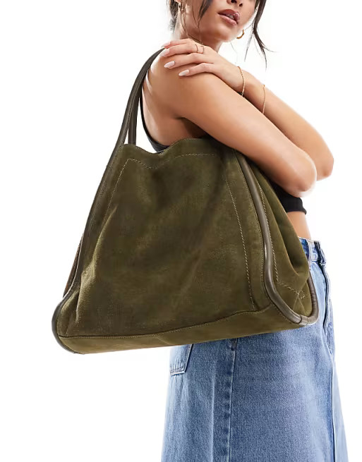 ASOS DESIGN suede tubular tote bag in forest green | ASOS (Global)