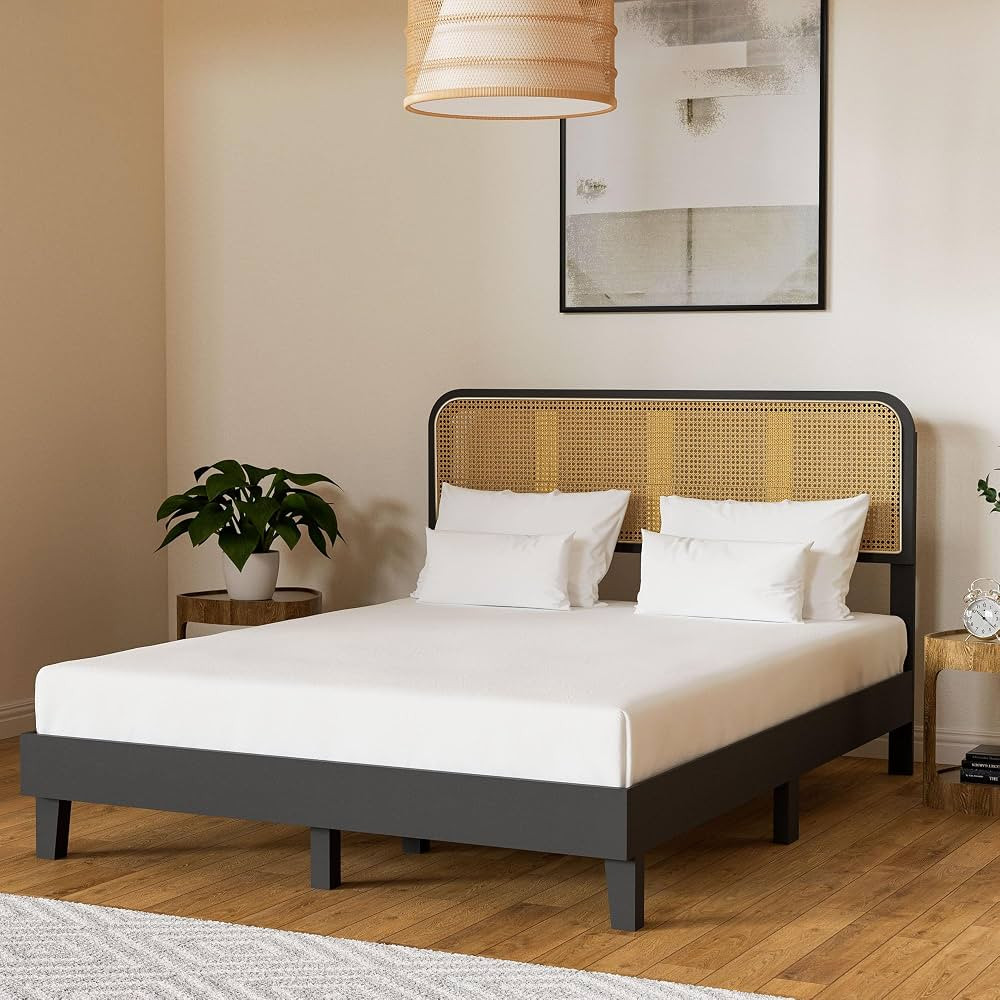 Cozy Castle Rattan Wooden Platform Bed Frame with Adjustable Headboard and Wood Slat Support, No ... | Amazon (US)