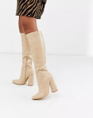 Missguided knee high croc boots in tan | ASOS UK