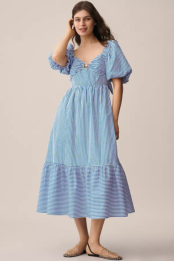 English Factory Puff-Sleeve Sweetheart A-Line Midi Dress | Anthropologie (US)