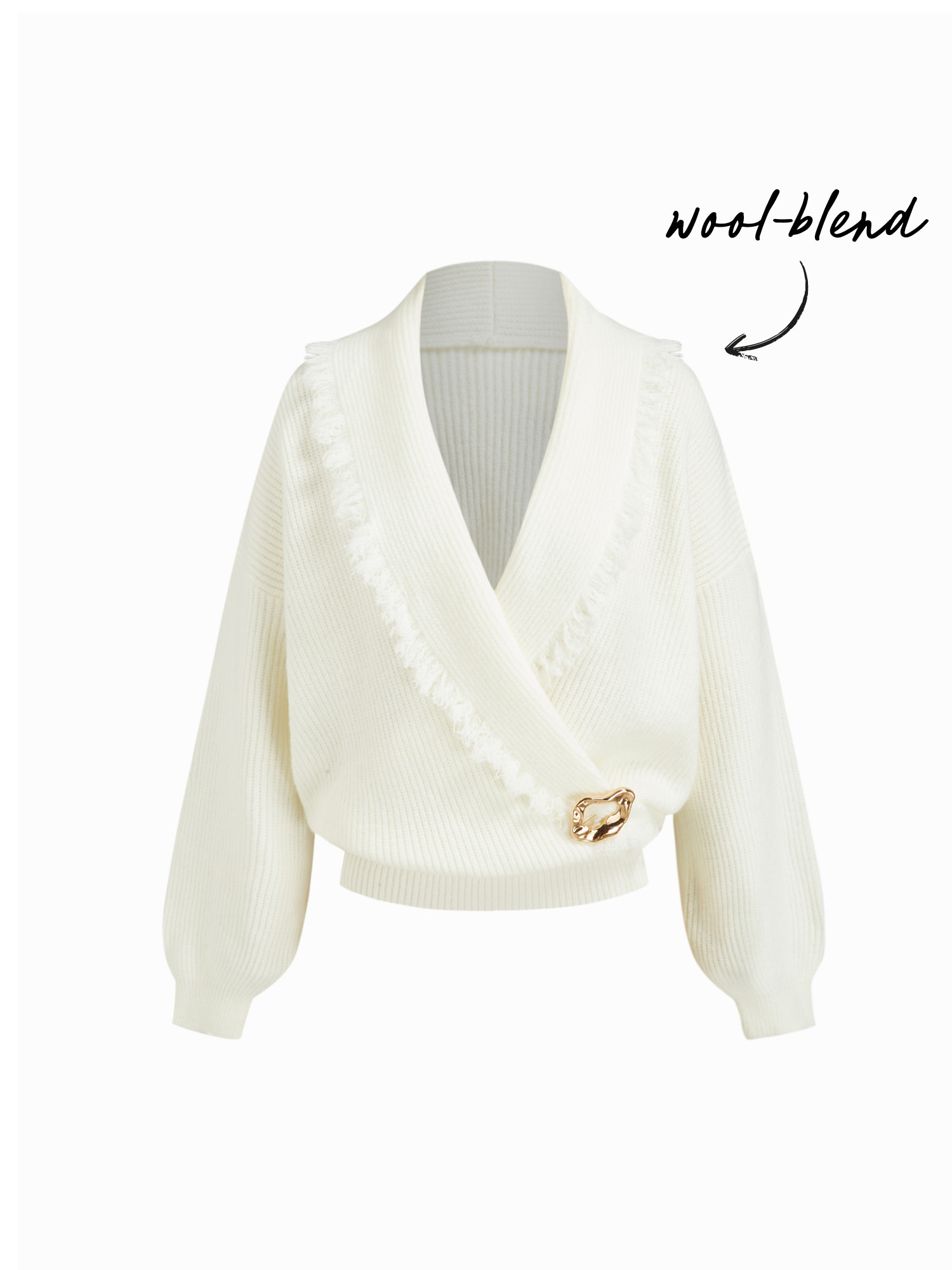 Wool Two Way Knit Woo-blend Collar Fringe Metal Detail Oversized Top For Daily Casual Date | Cider