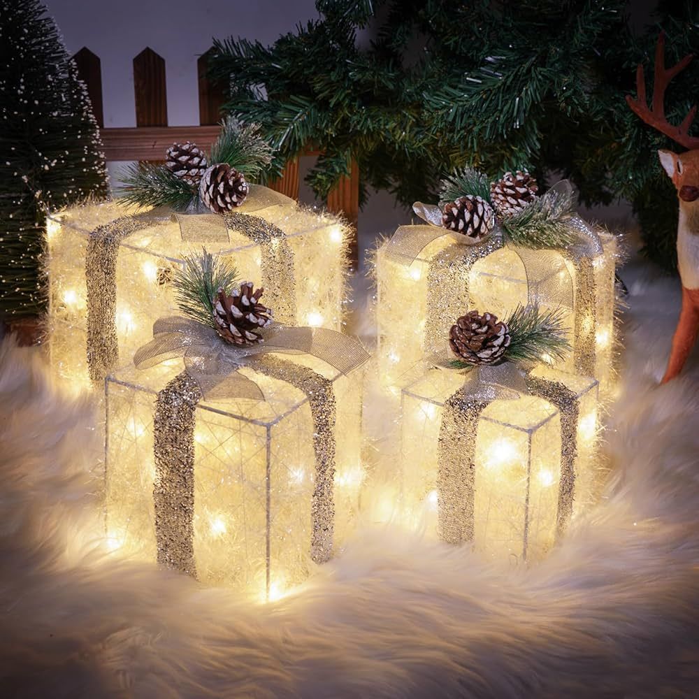 Set of 4 Christmas Lighted Gift Boxes, Pre-lit Lights Gift Boxes, Light up Present Boxes Set Batt... | Amazon (US)