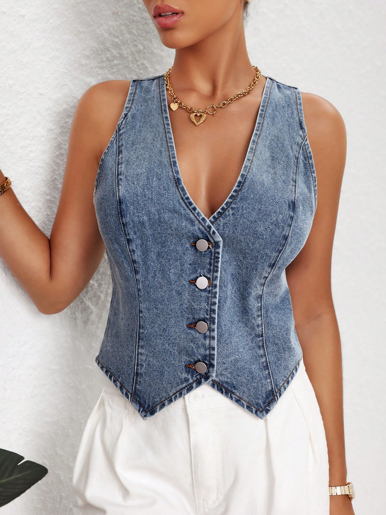 SHEIN Essnce Women's Summer Casual Single Button Denim Vest Jacket | SHEIN