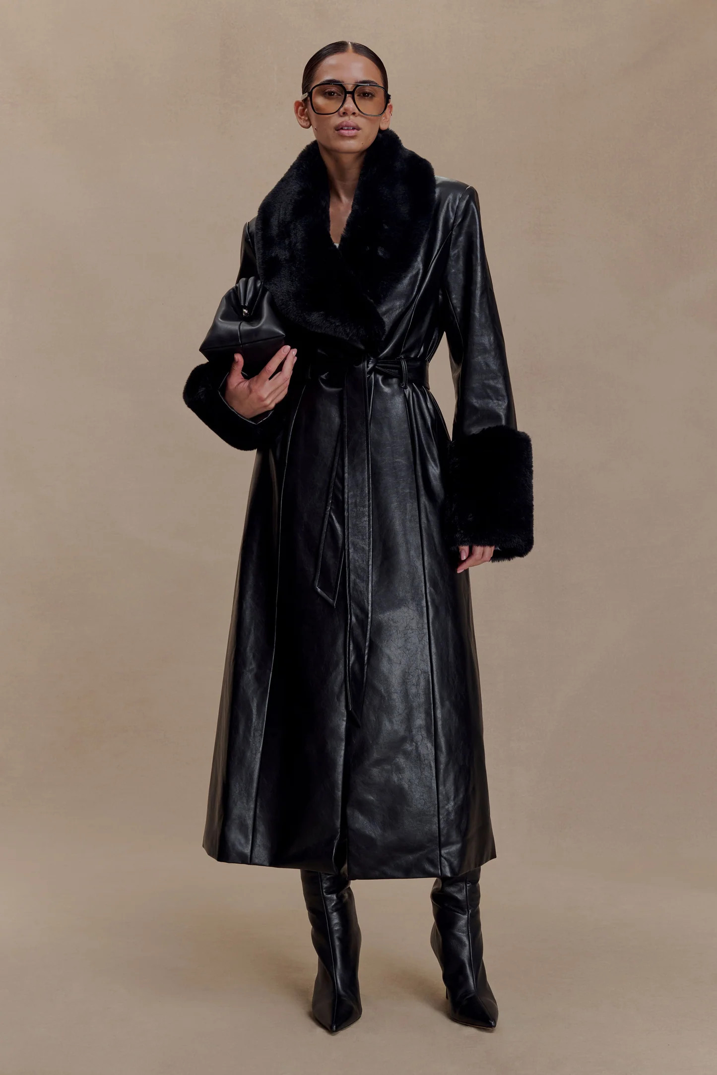 Bec Faux Leather Trench Coat With Faux Fur - Black | MESHKI US