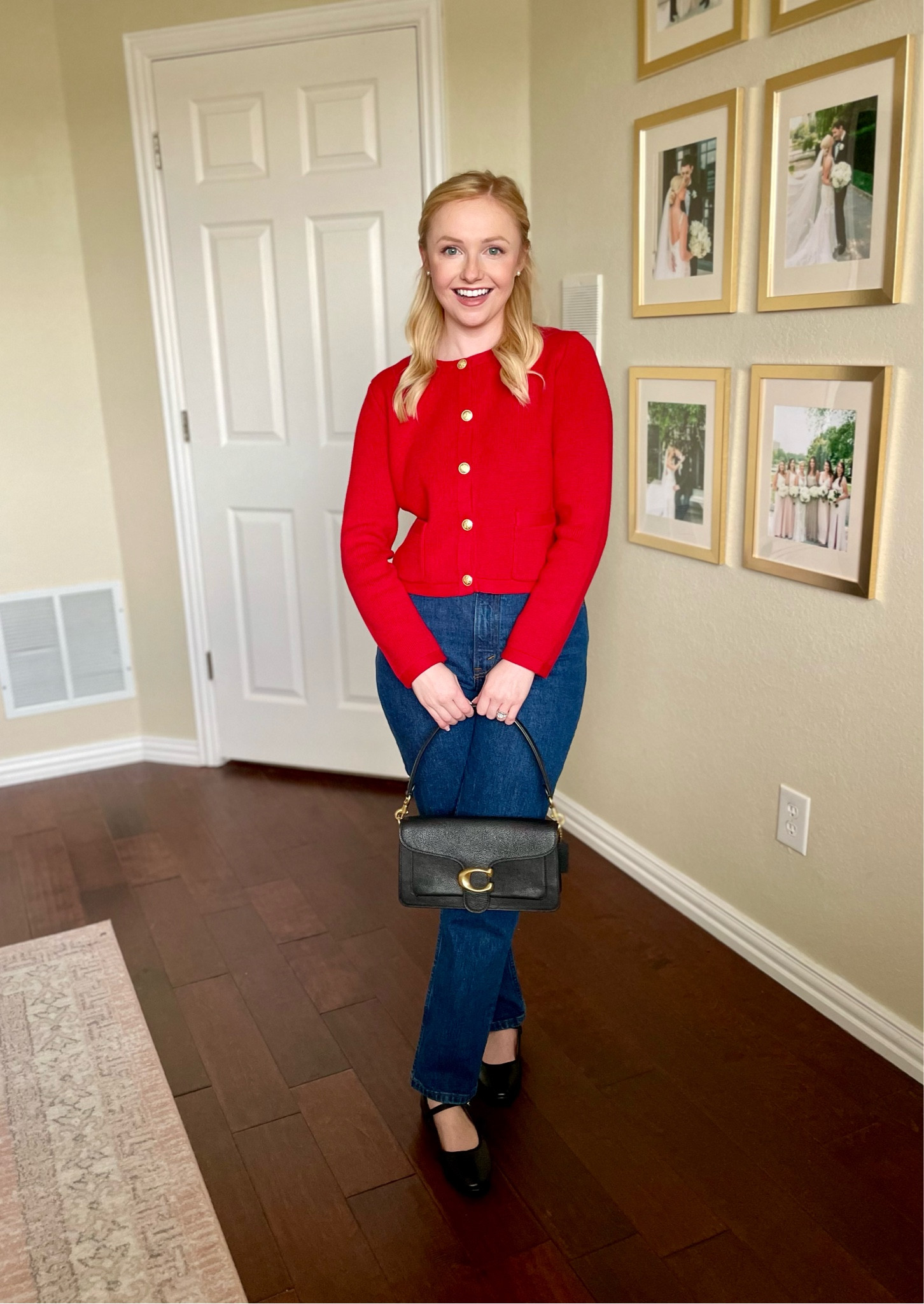 No spend January! Shopping my closet: wearing an XS in sweater | lady jacket, red sweater, red cardigan, straight jeans, dark denim, Mary janes, Mary janes outfit, winter outfit, winter casual outfit, Parisian style 

#LTKSeasonal #LTKstyletip #LTKfindsunder100