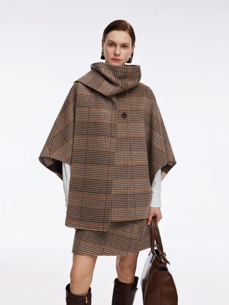Pre-Order Cashmere Wool Plaid Double-Faced Reversible Women Cape Coat With Scarf | GOELIA