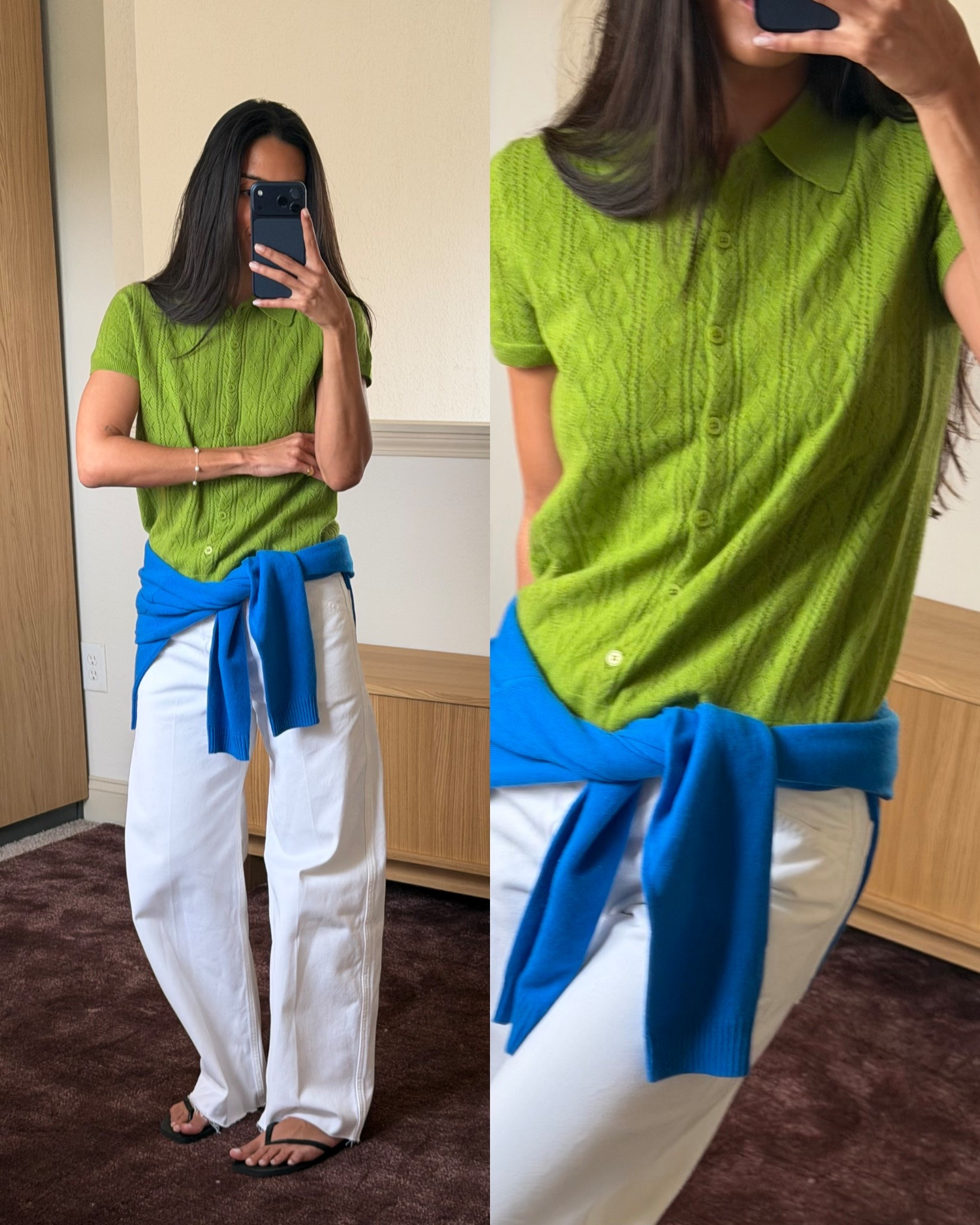 my favorite color combo for spring! I sized up to a 27 in the jeans & wearing a small in both the green top and blue sweater @jcrew #ad #injcrew