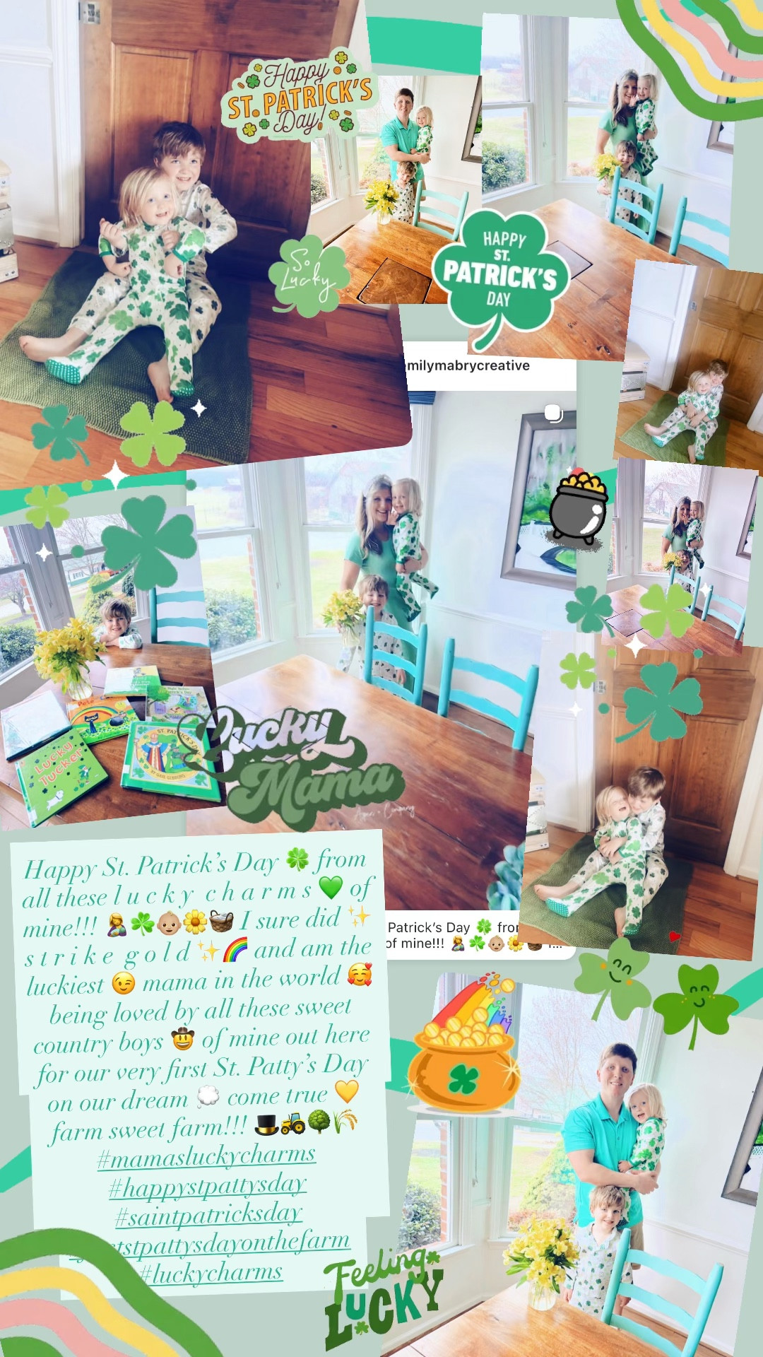 Happy St. Patrick’s Day 🍀 from all these l u c k y  c h a r m s 💚 of mine!!! 🤱☘️👶🏼🌼🧺 I sure did ✨ s t r i k e  g o l d ✨🌈 and am the luckiest 😉 mama in the world 🥰 being loved by all these sweet country boys 🤠 of mine out here for our very first St. Patty’s Day on our dream 💭 come true 💛 farm sweet farm!!! 🎩🚜🌳🌾 #mamasluckycharms #happystpattysday #saintpatricksday #firststpattysdayonthefarm #luckycharms

#LTKmomlife #LTKKids