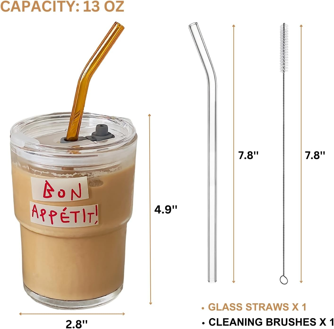 13oz Glass Tumbler with Straw and Lid, Reusable Iced Coffee Cup, Water Glass, Coffee Mug (Bon App... | Amazon (UK)