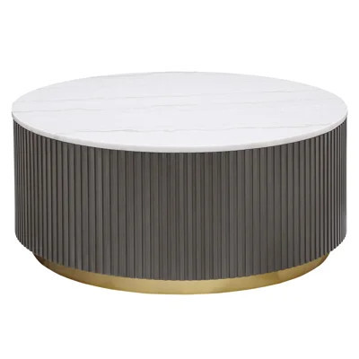 Round Marble Top Coffee Table With Ribbed Charcoal Body, Brushed Gold Base, And Organic Veining For Modern Living Spaces. | Wayfair North America