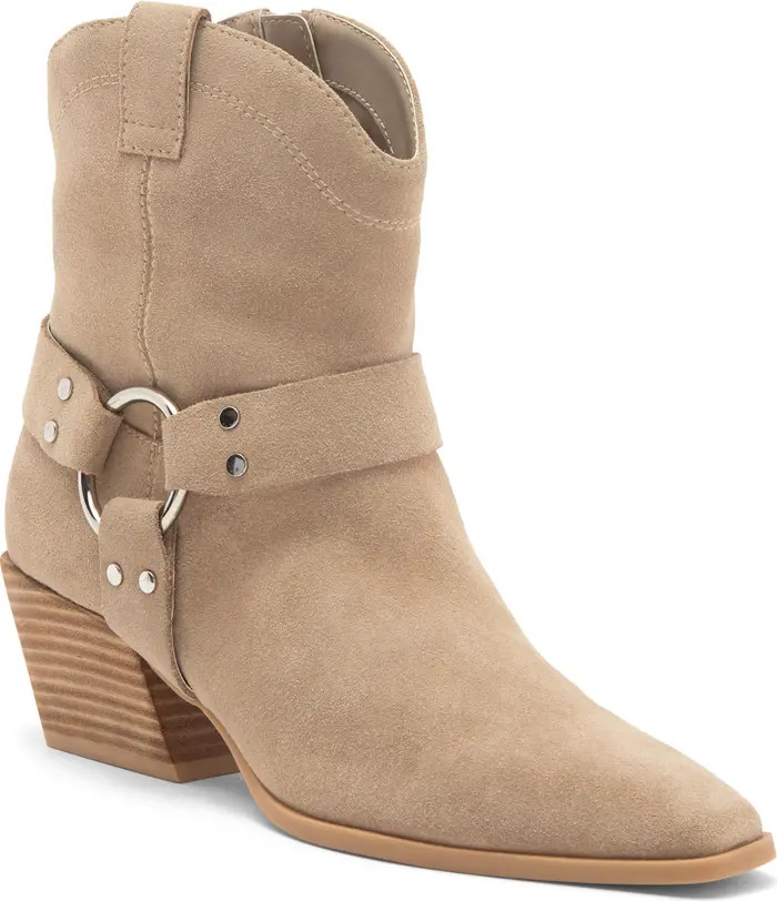 A decorative harness and notched topline give Western-inspired style to this square-toe boot. | Nordstrom