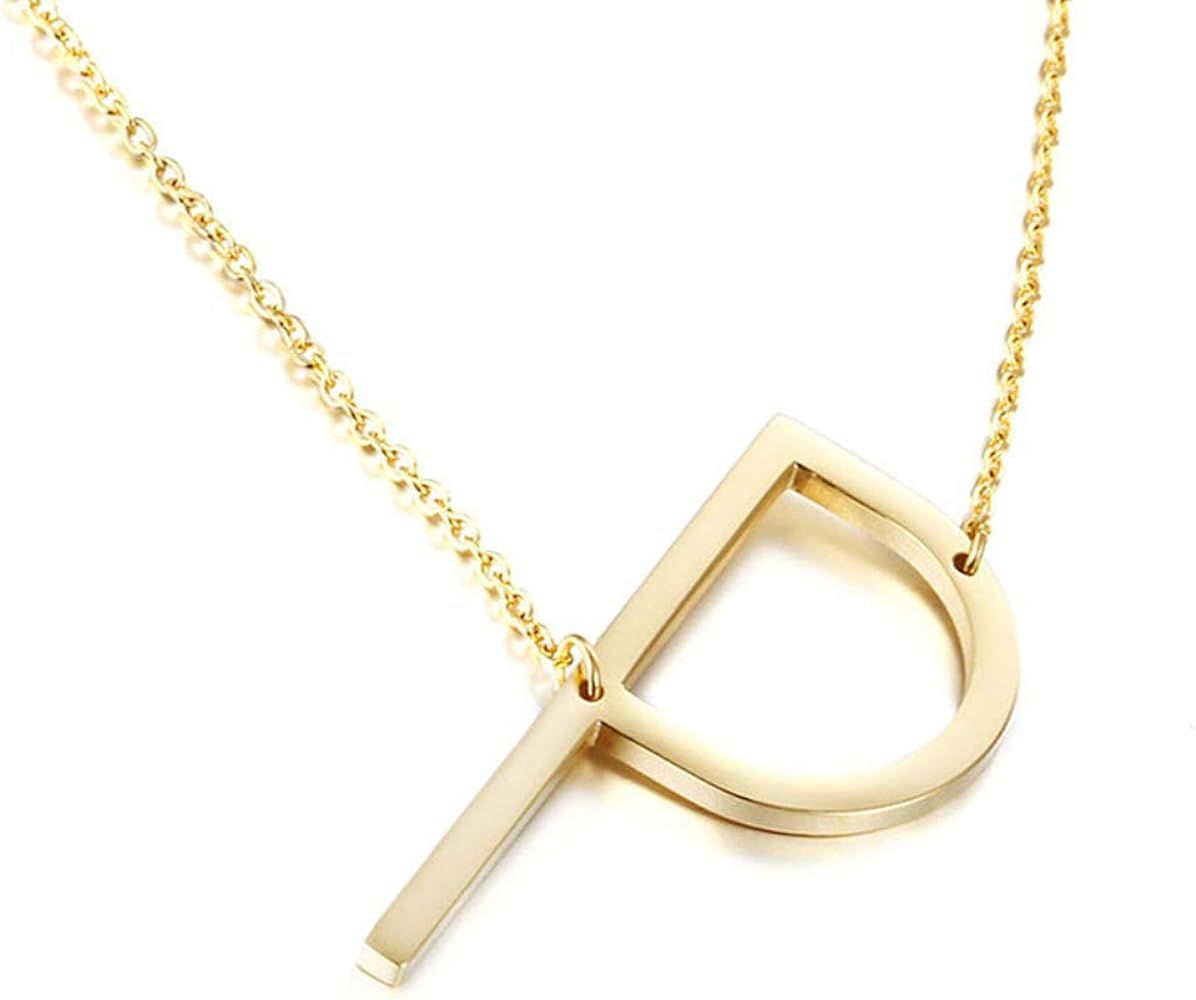 MOMOL Sideways Initial Necklace 18K Gold Plated Stainless Steel Large Big Letters Pendant Necklace S | Amazon (US)