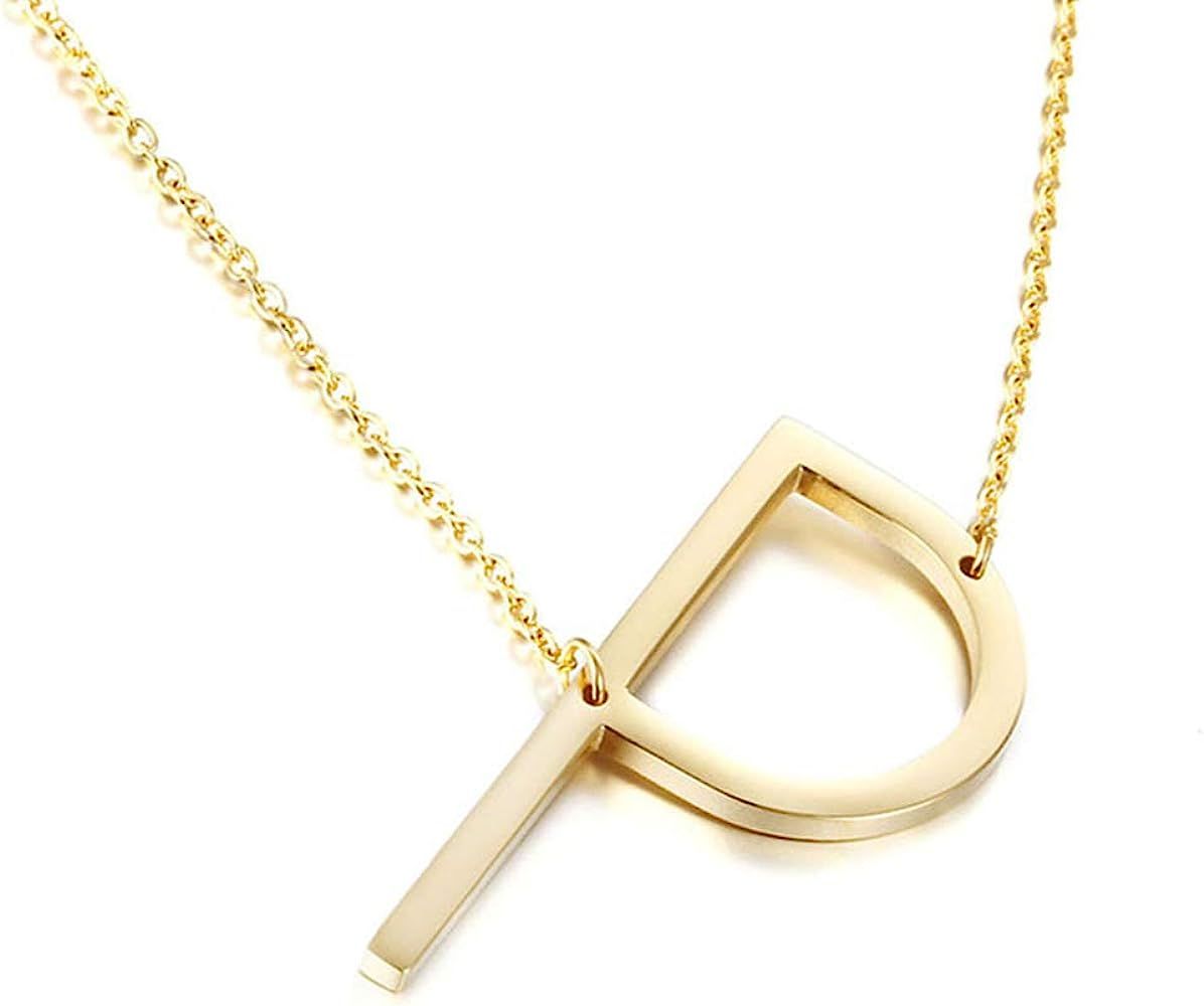 MOMOL Sideways Initial Necklace 18K Gold Plated Stainless Steel Large Big Letters Pendant Necklace S | Amazon (US)