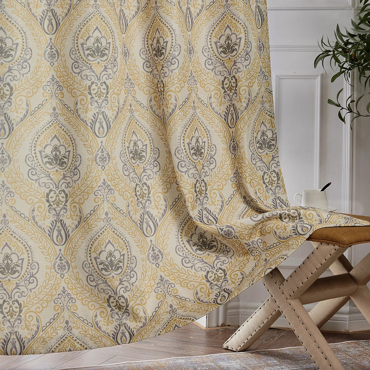 Vintage Damask Curtains Elegant Medallion Patterned Room Darkening Curtains for Bedroom Yellow on... | Wayfair North America