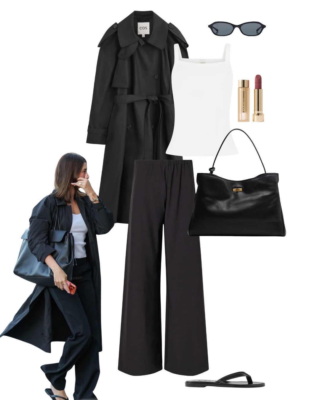 Airport Pants Outfit 

COS black trench coat, belted trench coat, white square neck cami top, black wide leg trousers, black flip flops, black leather handbag, structured top handle bag, black oval sunglasses, bold red lipstick, monochrome outfit, autumn transitional dressing, city outfit, quiet luxury, elevated basics, effortless chic, ltkstyletip, ltkseasonal, ltkfindsunder100, ltkbeauty, outfit inspo, capsule wardrobe essentials

#LTKFashionMonth #LTKtravel #LTKluxury