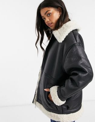 ASOS DESIGN oversized bonded sherpa aviator jacket in black | ASOS (Global)