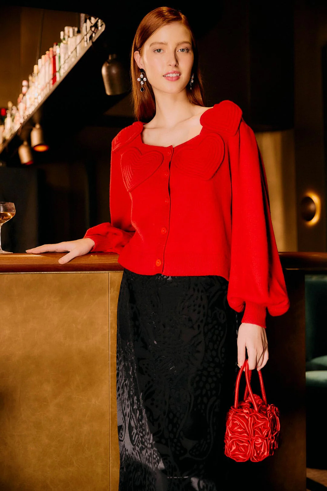 Red 3d Heartful Puff Sleeve Knit Cardigan | FARM Rio | FarmRio (US)