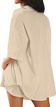 Rouyamiao Womens Two Piece Outfits Lapel Collar Half Sleeve Button Down Shirt Tops Shorts Set Cas... | Amazon (UK)