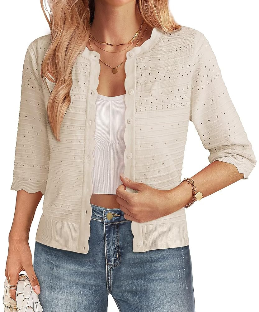 GRACE KARIN Women's 3/4 Short Sleeve Cropped Cardigan Lightweight Button up Crochet Knit Sweater ... | Amazon (US)