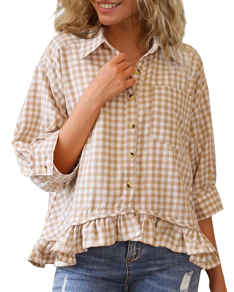 CHYRII Womens Summer Tops Dressy Casual Blouse Top Ruffled Short Sleeve Button Down Striped Shirt | Amazon (US)