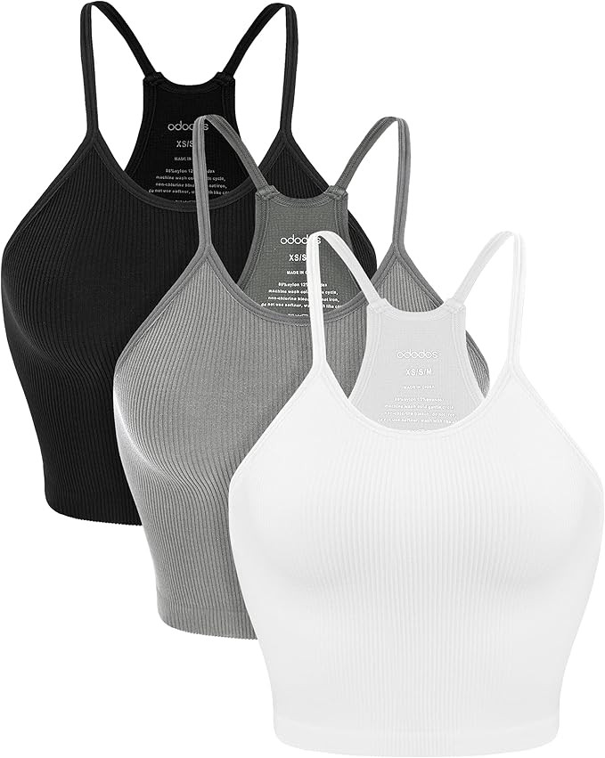 ODODOS Women's Crop 3-Pack Washed Seamless Rib-Knit Camisole Crop Tank Top | Amazon (US)