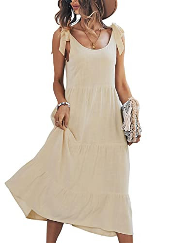 chouyatou Women's Summer Adjustable Spaghetti Strap Solid Ruffle Swing Midi Dress (Medium, Apricot) | Amazon (US)