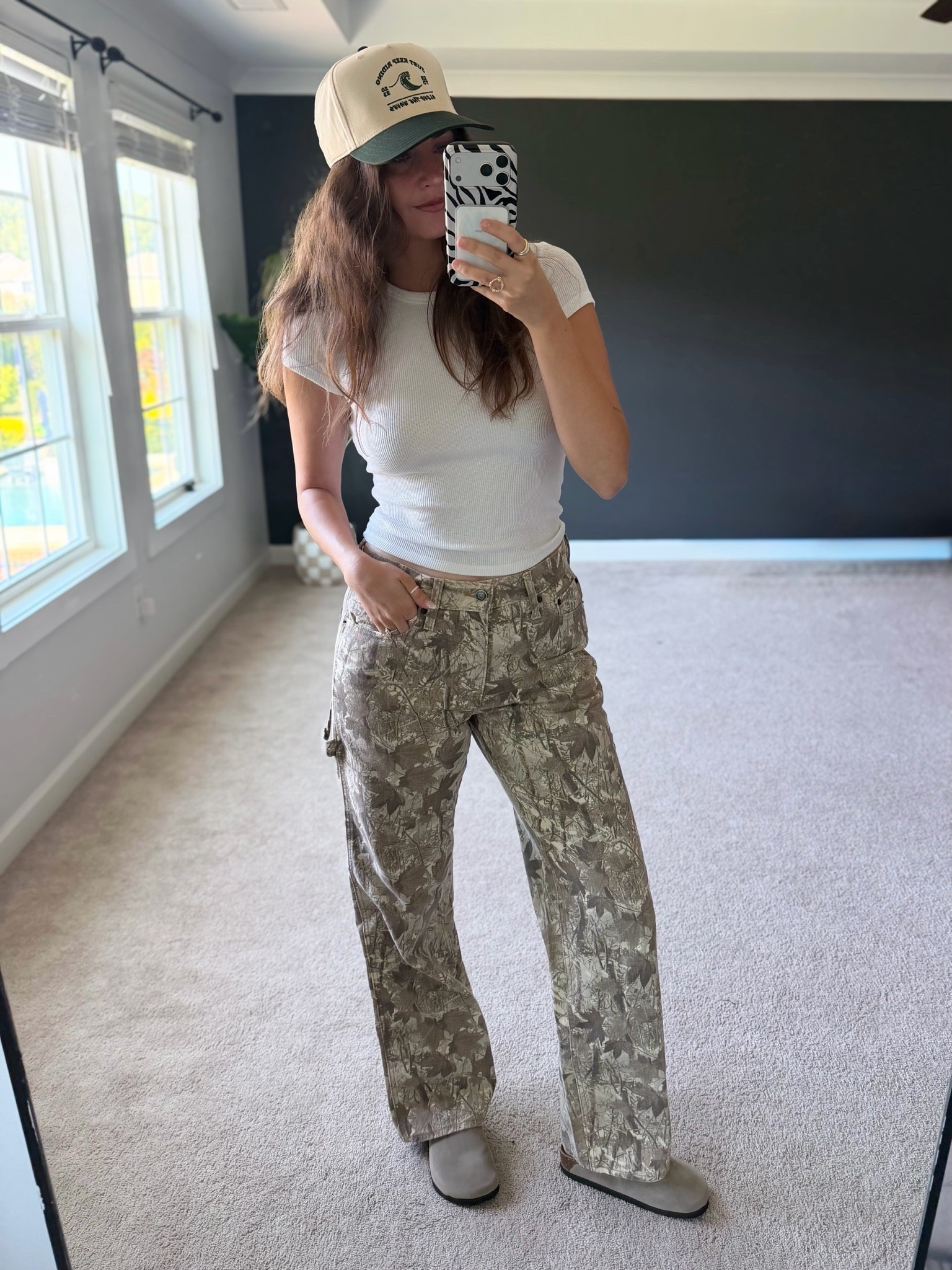 5’9” wearing size small white waffle baby tee, and 30x34 men’s camo pants, 7 clogs. Hat is from along the waves co

#LTKootd #LTKTall