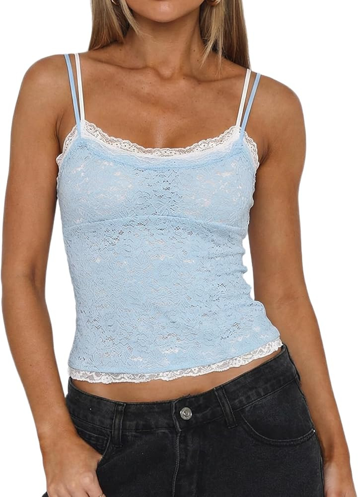 QINSEN Women's Double Layer Lace Camisole Tank Scoop Neck Summer Y2k Going Out Trendy Cami Shirt | Amazon (US)
