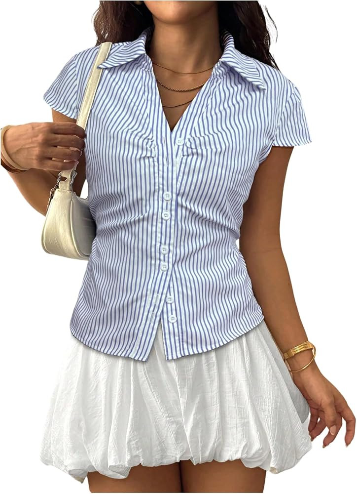 SweatyRocks Women's Ruched Button Down Shirt Short Sleeve Tie Back Fitted Blouses | Amazon (US)