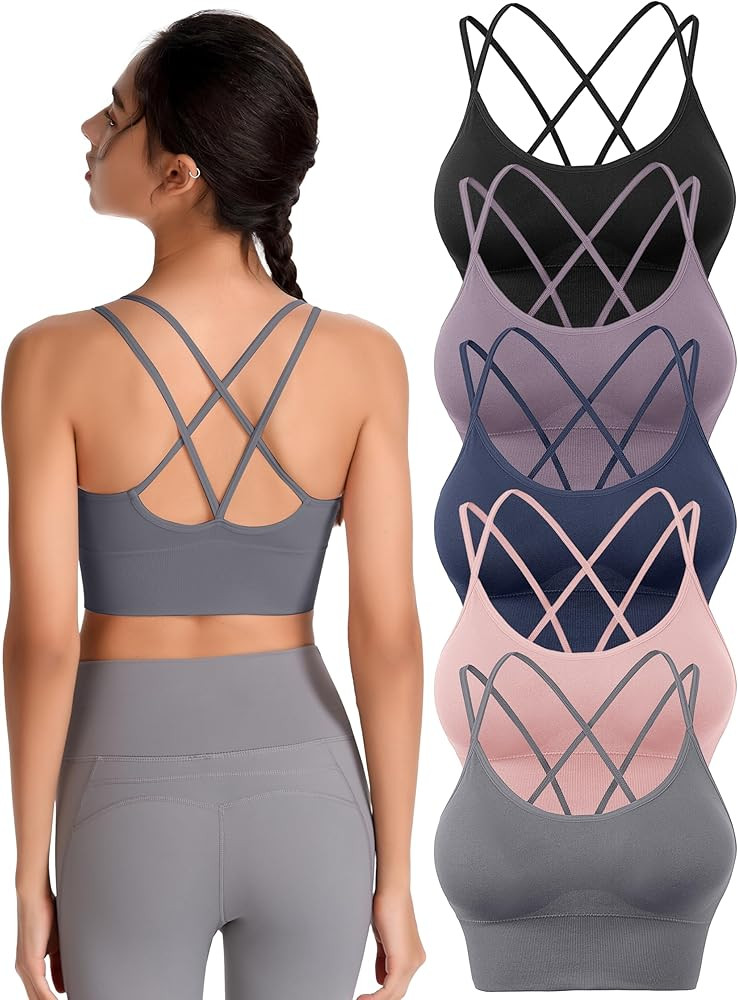 Padded Sports Bras for Women Strappy Cross Back Yoga Bras Pack for Workout Fitness Running Gym Lo... | Amazon (US)