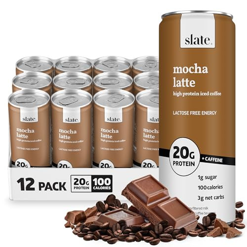 Slate Milk - High Protein Iced Coffee - Mocha Latte - 175mg Caffeine, Lactose Free Energy - 20g Protein, 1g Sugar, 110 Calories, 3g Net Carbs, No Sugar Added - Protein Coffee - 11 fl oz, 12 Cans | Amazon (US)