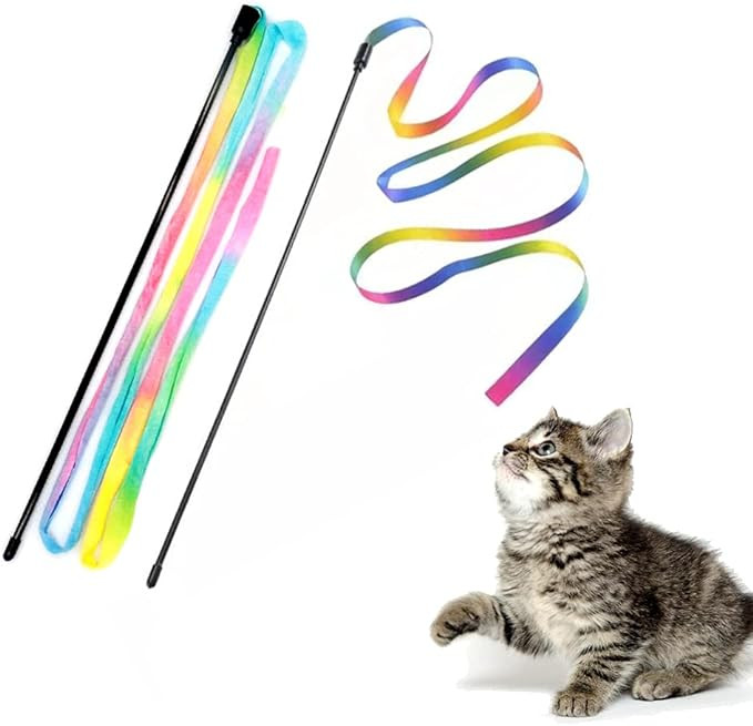 LASOCUHOO Interactive Cat Rainbow Wand Toys, Interactive Cat Teaser Wand String, Colorful Ribbon ... | Amazon (US)