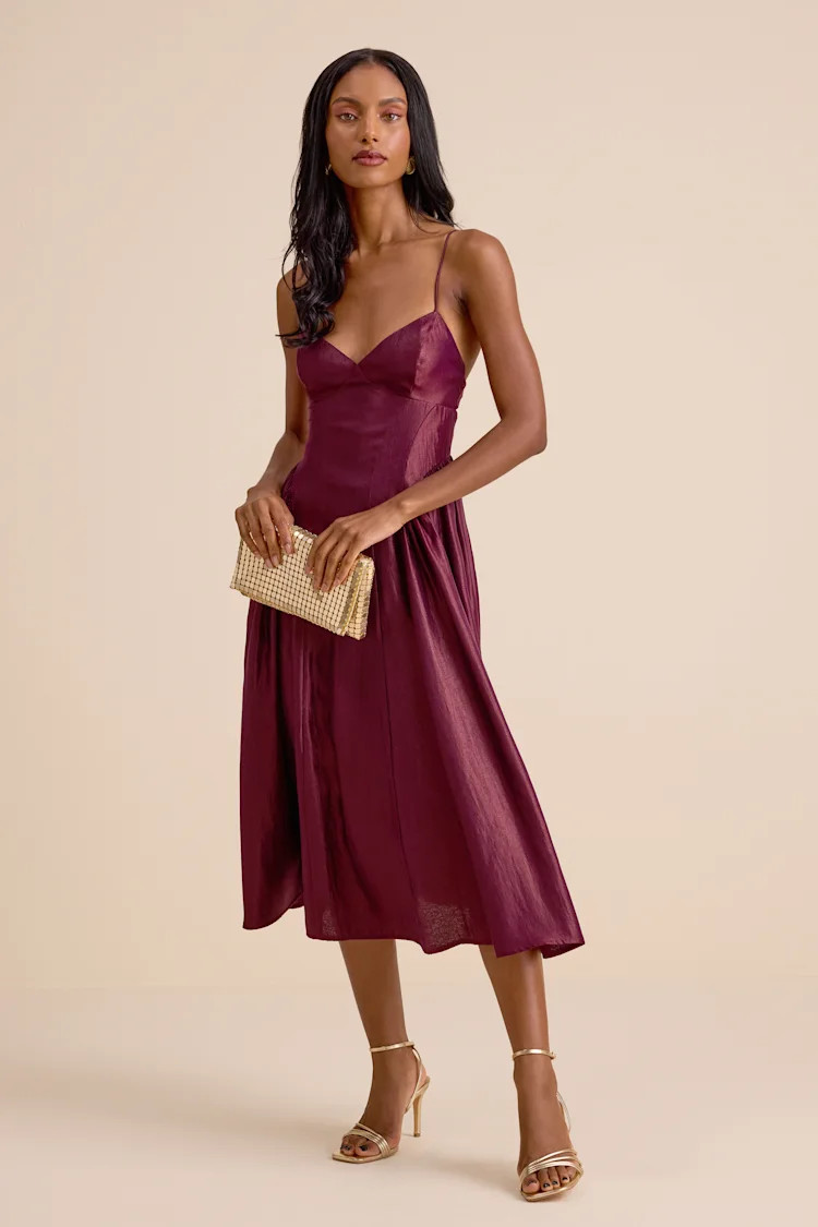 Paride Shiny Plum Gathered Lace-Up Midi Dress | Lulus