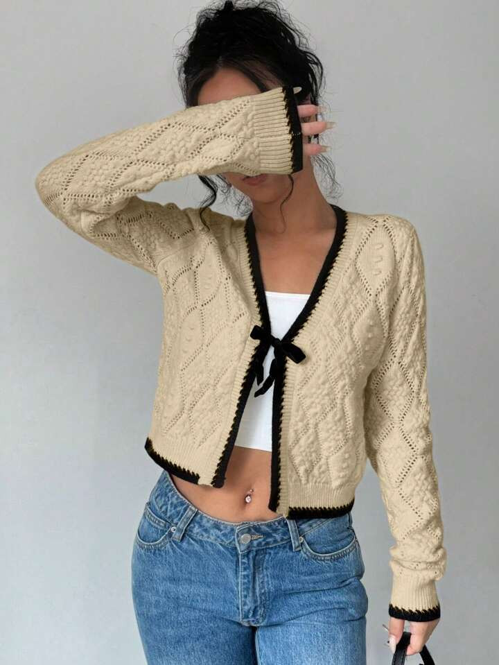 SHEIN ChicEase Women French Style Casual Versatile Rhombus Knit Long Sleeve Cardigan | SHEIN
